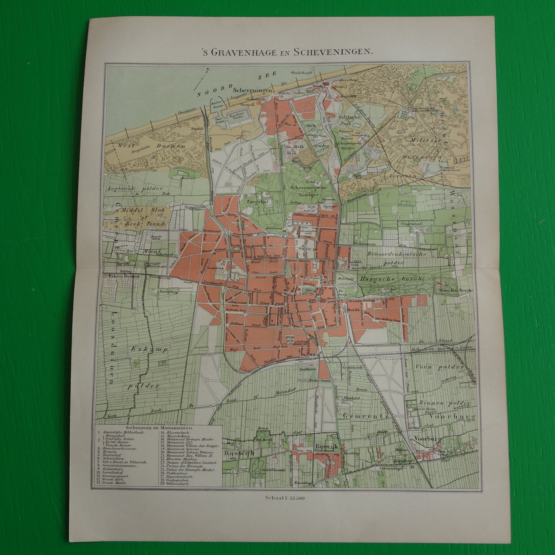 DEN HAAG oude kaart van 's Gravenhage en Scheveningen uit 1908 originele antieke plattegrond vintage landkaart