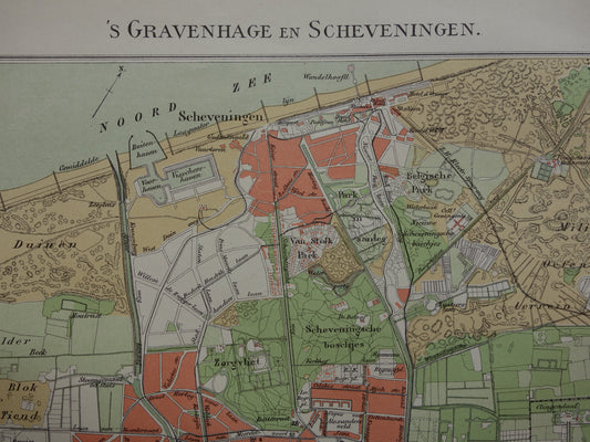 DEN HAAG oude kaart van 's Gravenhage en Scheveningen uit 1908 originele antieke plattegrond vintage landkaart