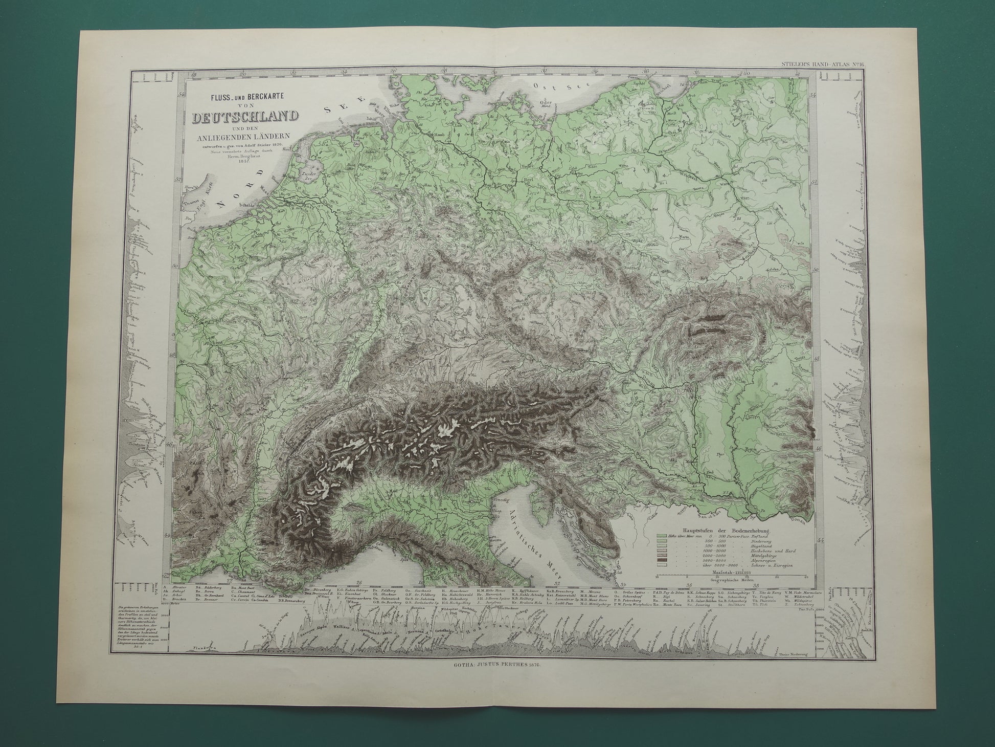 DUITSLAND oude kaart van Centraal Europa en Duitsland in 1876 originele antieke hoogtekaart Alpen Bergen Rivieren Geologie met jaartal te koop