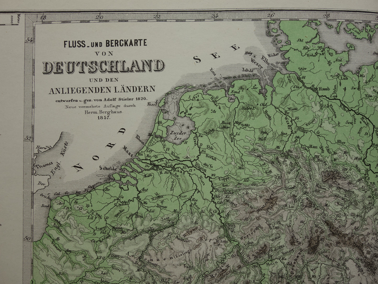 DEUTSCHLAND alte Karte von Mitteleuropa und Deutschland im Jahr 1876 originale antike Höhenkarte Alpen Berge Flüsse Geologie mit Jahreszahl zu verkaufen