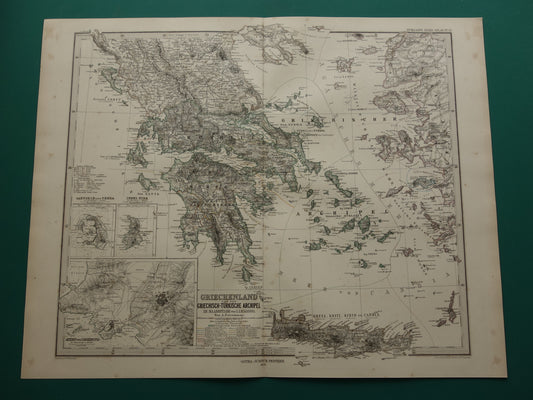 145+ jaar oude landkaart van Griekenland originele antieke kaart uit 1876 vintage kaarten Athene Piraeus