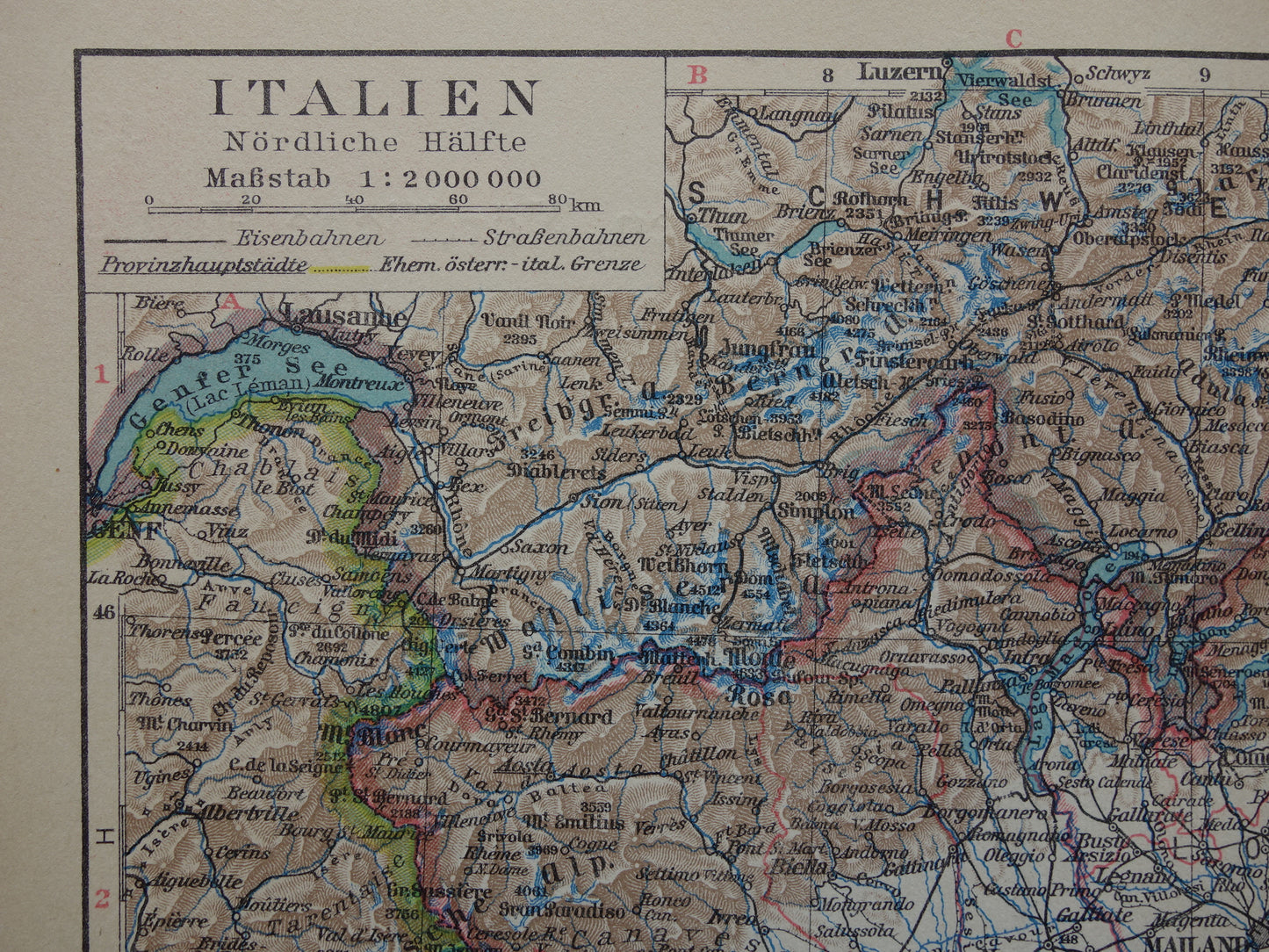 Oude landkaart van Noord-ITALIË uit 1928 originele vintage kaart Florence Venetië Milaan historische kaarten