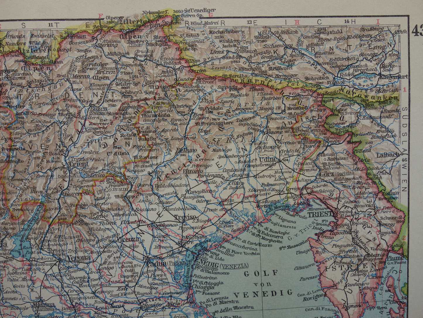 Oude landkaart van Noord-ITALIË uit 1928 originele vintage kaart Florence Venetië Milaan historische kaarten