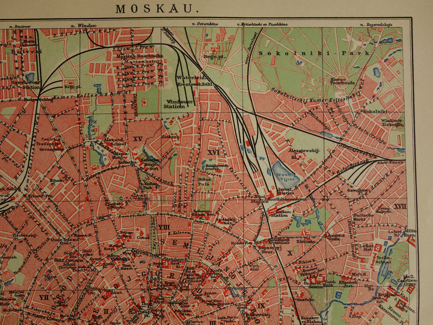 MOSKOU Oude kaart van Moskou uit 1910 originele Nederlandse antieke plattegrond