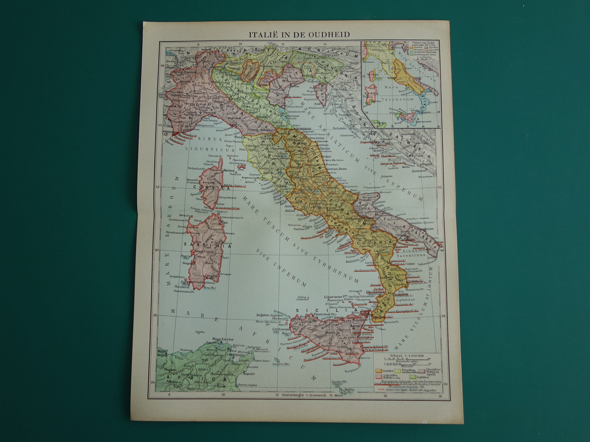 Oude kaart van Italië in de klassieke oudheid 1937 originele vintage landkaart geschiedeniskaart Etrusken Liguriërs