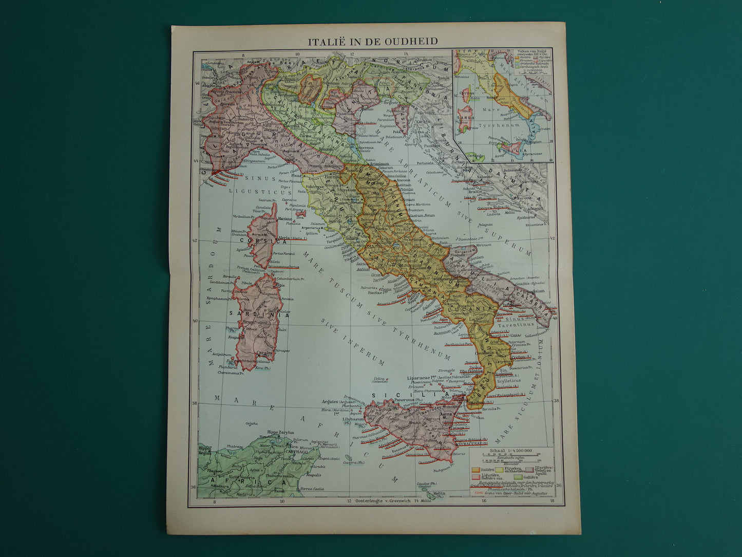 Oude kaart van Italië in de klassieke oudheid 1937 originele vintage landkaart geschiedeniskaart Etrusken Liguriërs