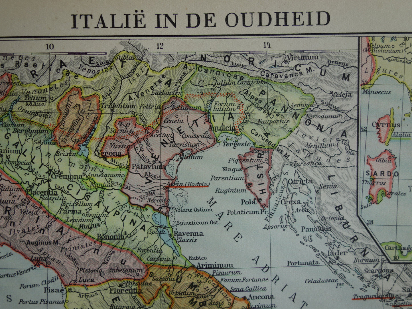 Oude kaart van Italië in de klassieke oudheid 1937 originele vintage landkaart geschiedeniskaart Etrusken Liguriërs