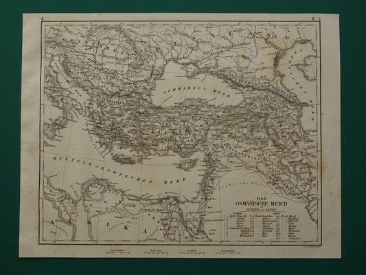 OSMAANSE RIJK Oude landkaart van Turkije uit 1849 historische kaart Ottomaanse Rijk z/w