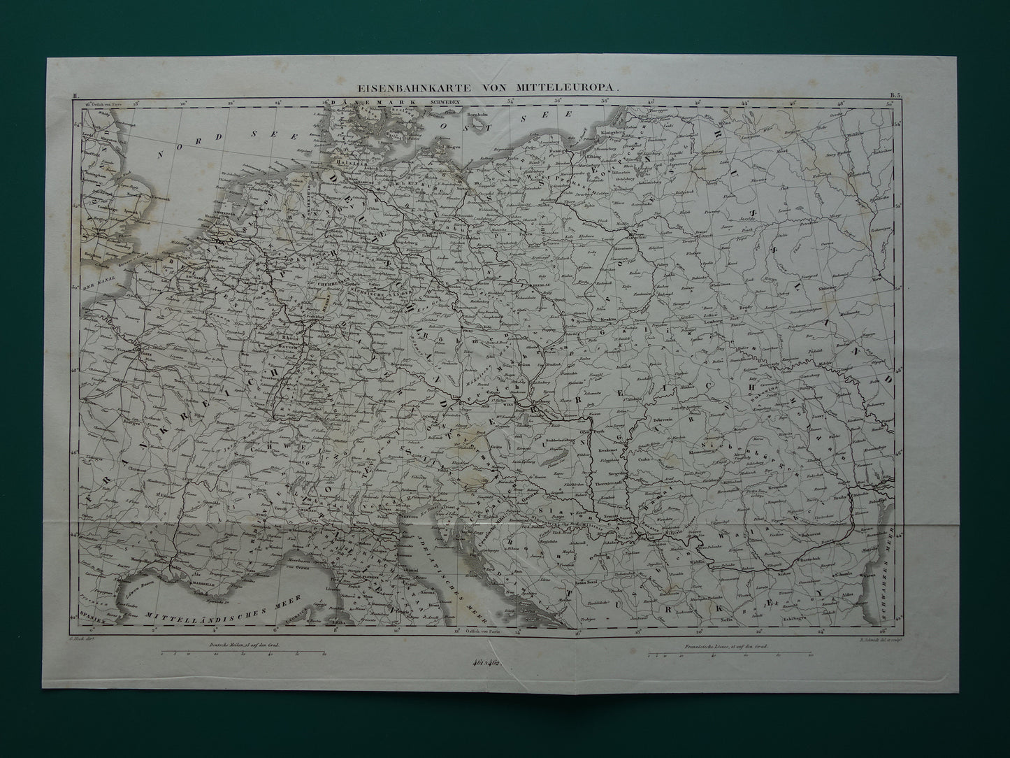 Antieke kaart van Spoorwegen in Nederland Duitsland originele 175+ jaar oude landkaart spoorlijnen centraal Europa spoorkaart