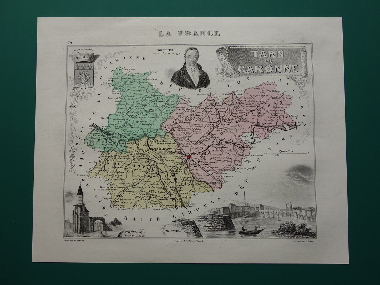 Tarn-et-Garonne Oude Kaart van departement in Frankrijk uit 1874 originele antieke handgekleurde landkaart Montauban