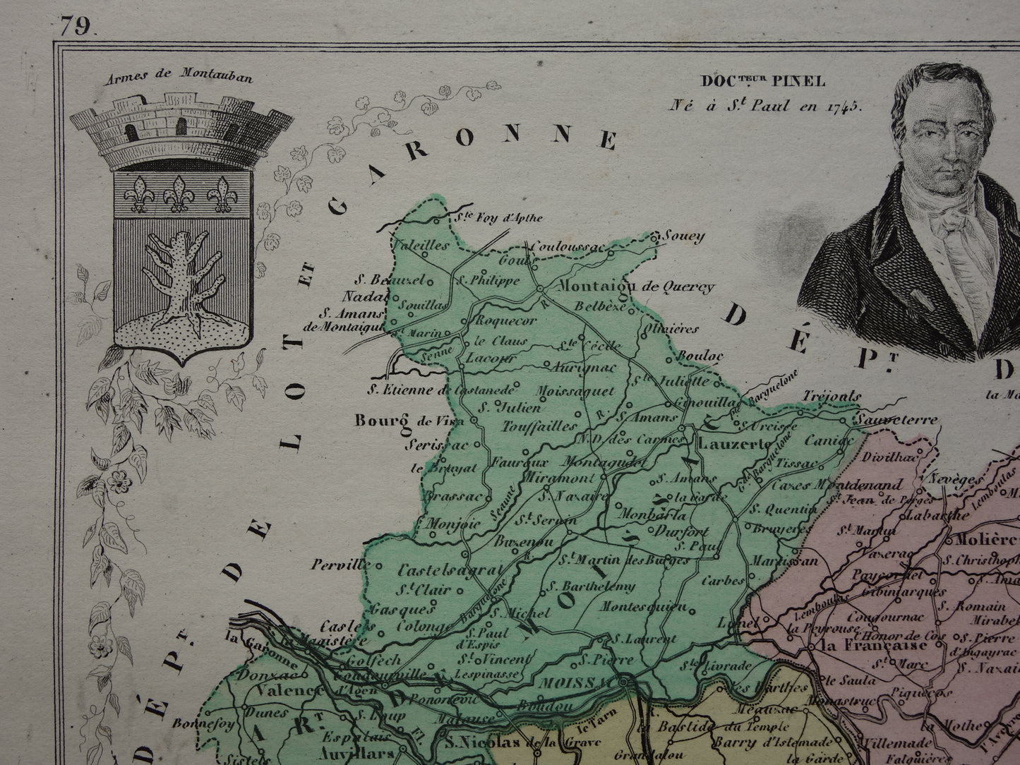 Tarn-et-Garonne Oude Kaart van departement in Frankrijk uit 1874 originele antieke handgekleurde landkaart Montauban