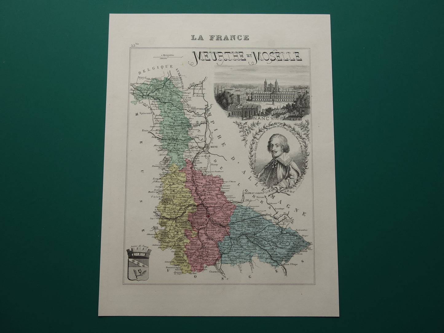 Meurthe-et-Moselle Oude Kaart van departement in Frankrijk uit 1874 originele antieke handgekleurde landkaart Nancy