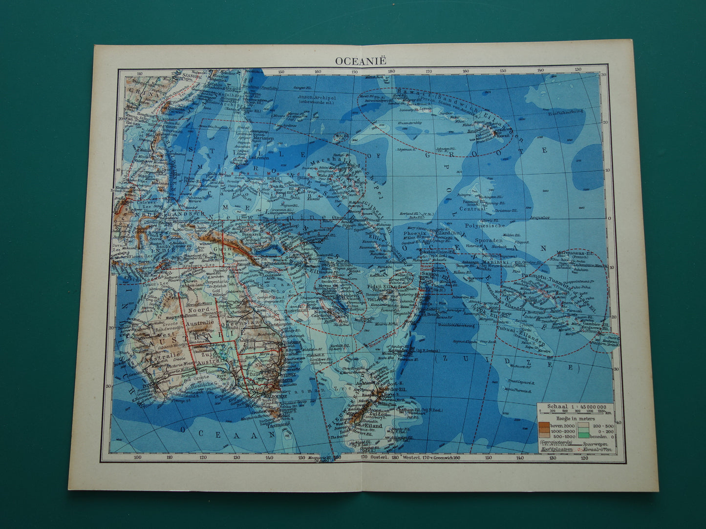 Oude landkaart van Oceanië 1937 originele Nederlandse vintage kaart van Australië Indonesië Polynesië Nieuw-Zeeland