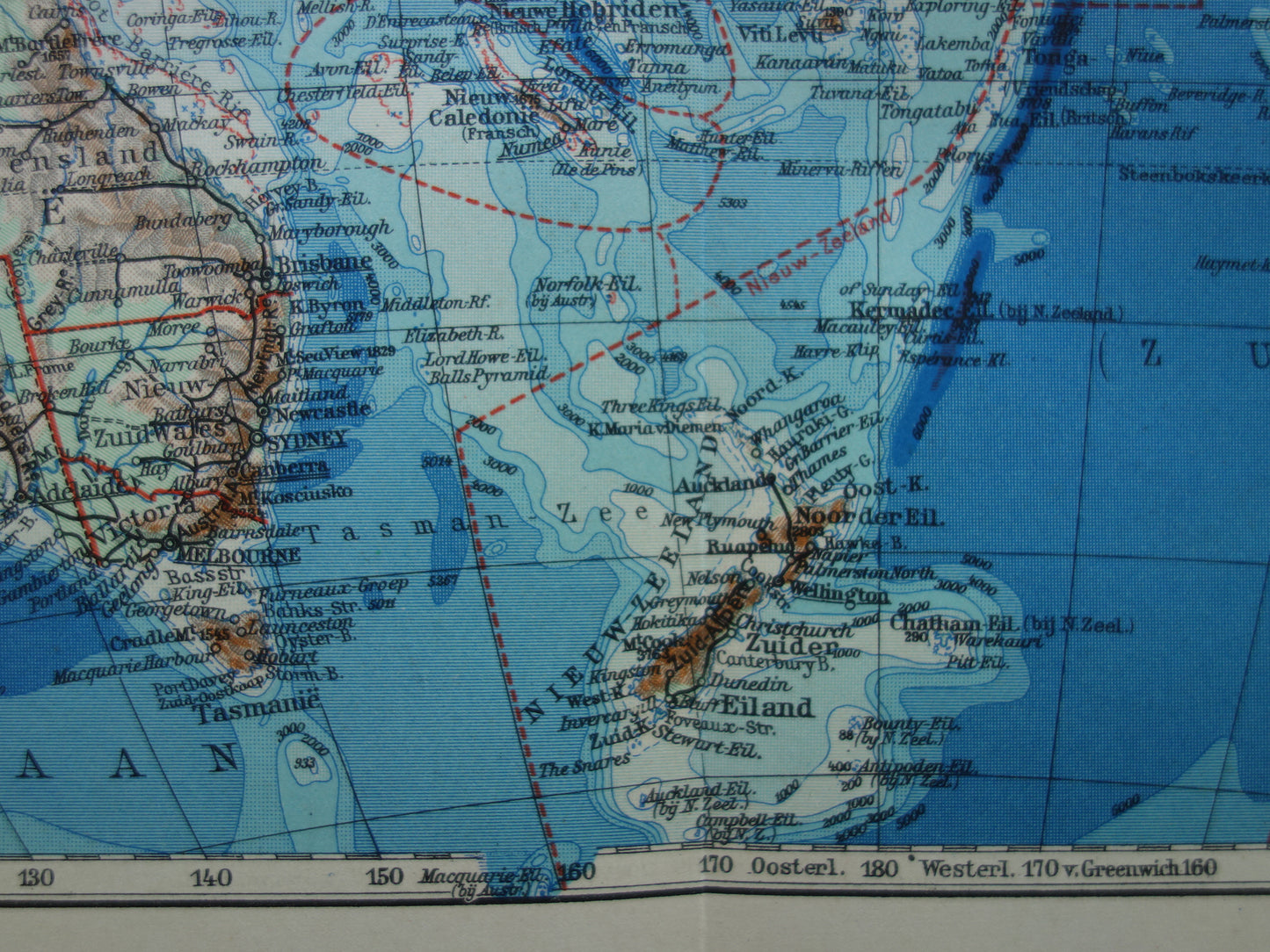 Oude landkaart van Oceanië 1937 originele Nederlandse vintage kaart van Australië Indonesië Polynesië Nieuw-Zeeland