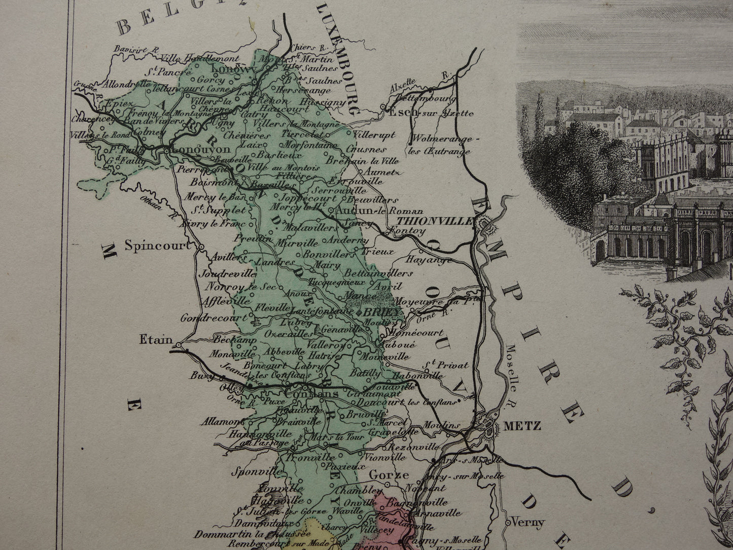 Meurthe-et-Moselle Oude Kaart van departement in Frankrijk uit 1874 originele antieke handgekleurde landkaart Nancy