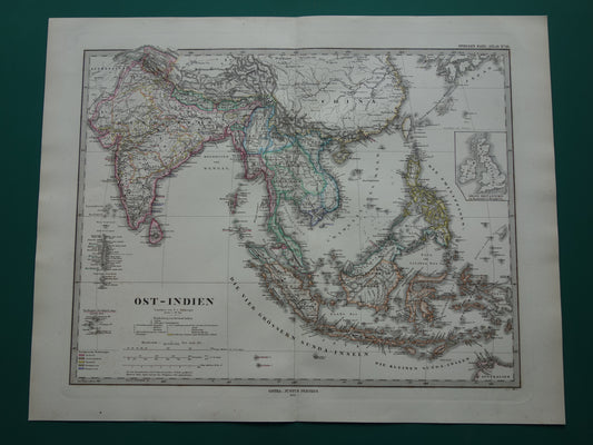 INDONESIË oude kaart van zuidoost Azië in 1876 originele antieke landkaart India Filipijnen Thailand Vietnam vintage poster