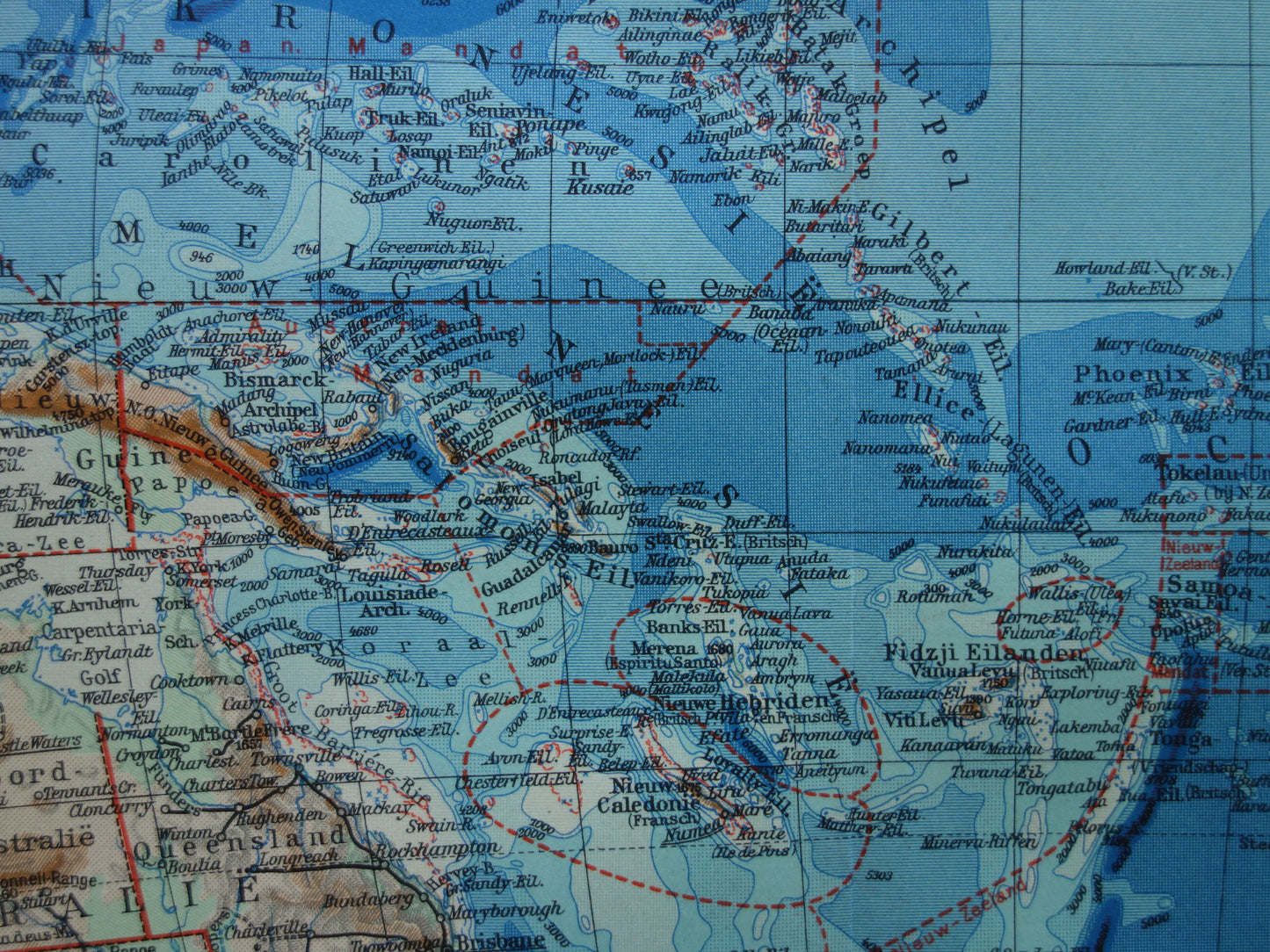 Oude landkaart van Oceanië 1937 originele Nederlandse vintage kaart van Australië Indonesië Polynesië Nieuw-Zeeland