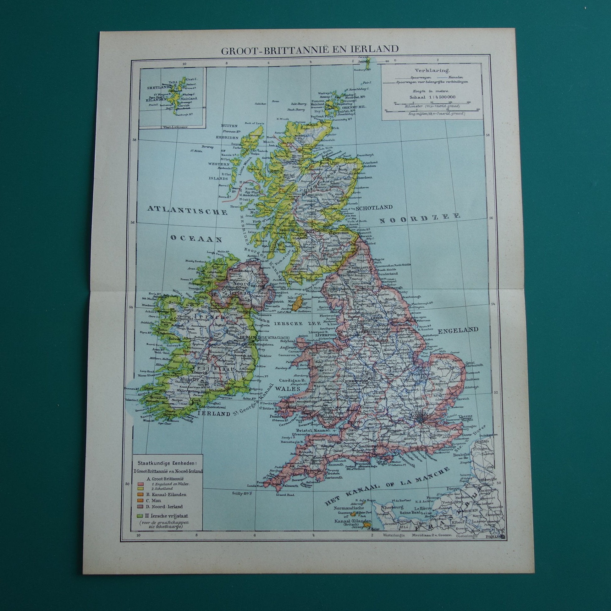 Oude Nederlandse kaart van Verenigd Koninkrijk en Ierland uit 1937 originele antieke landkaart Britse Eilanden Groot-Britannië