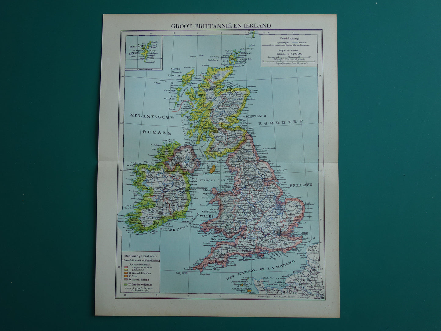 Oude Nederlandse kaart van Verenigd Koninkrijk en Ierland uit 1937 originele antieke landkaart Britse Eilanden Groot-Britannië