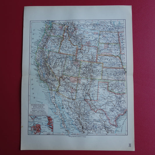 Verenigde Staten oude kaart uit 1913 originele antieke print van de Amerikaanse westkust gedetailleerde vintage kaarten San Francisco Los Angeles Californië