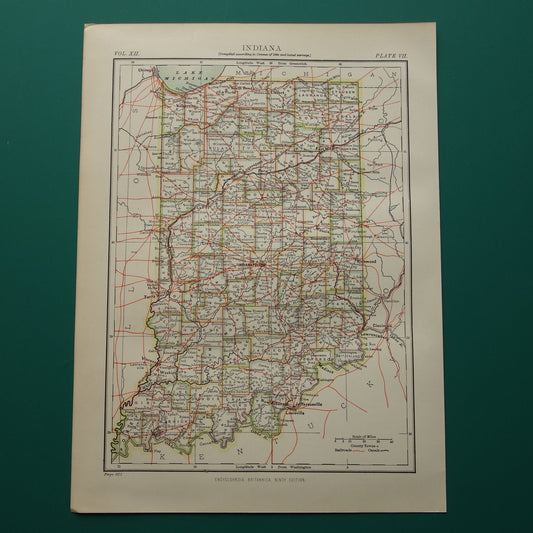 Antieke landkaart van Indiana Verenigde Staten uit 1881 originele oude kaart staat Indiana