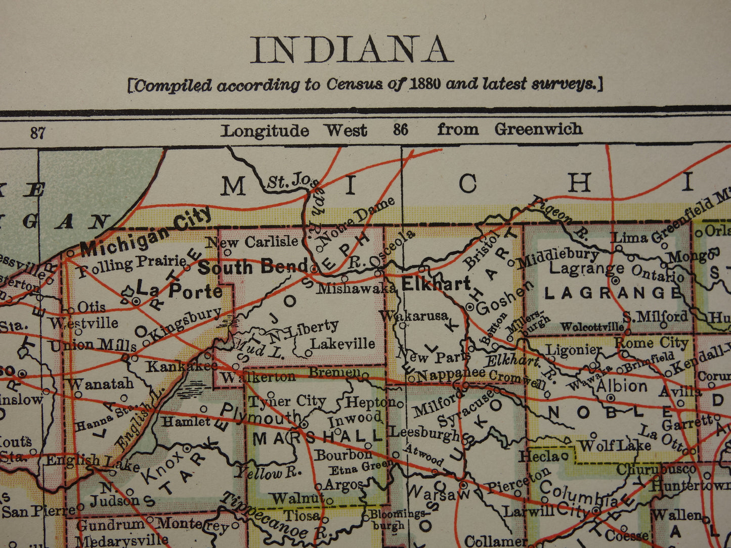 Antieke landkaart van Indiana Verenigde Staten uit 1881 originele oude kaart staat Indiana