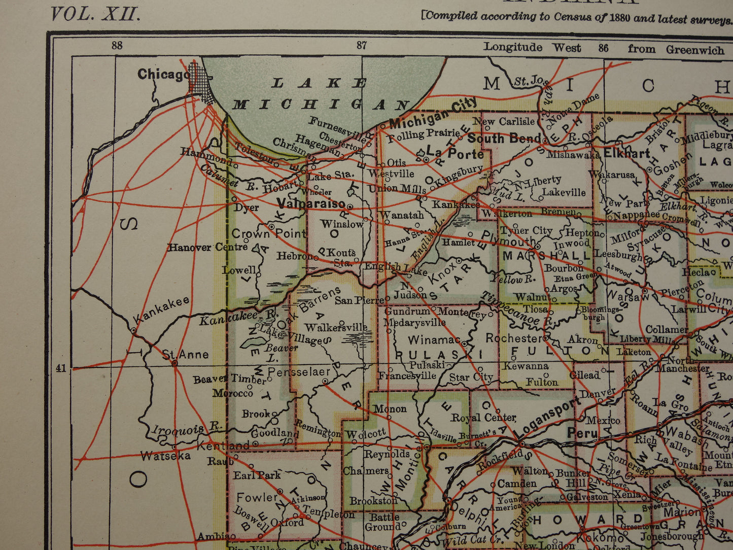 Antieke landkaart van Indiana Verenigde Staten uit 1881 originele oude kaart staat Indiana