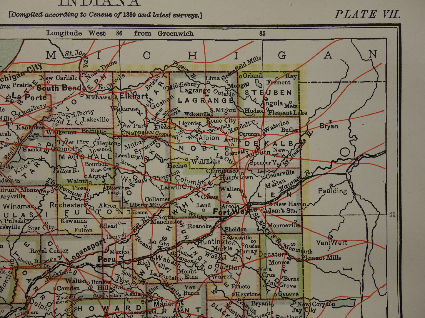 Antieke landkaart van Indiana Verenigde Staten uit 1881 originele oude kaart staat Indiana