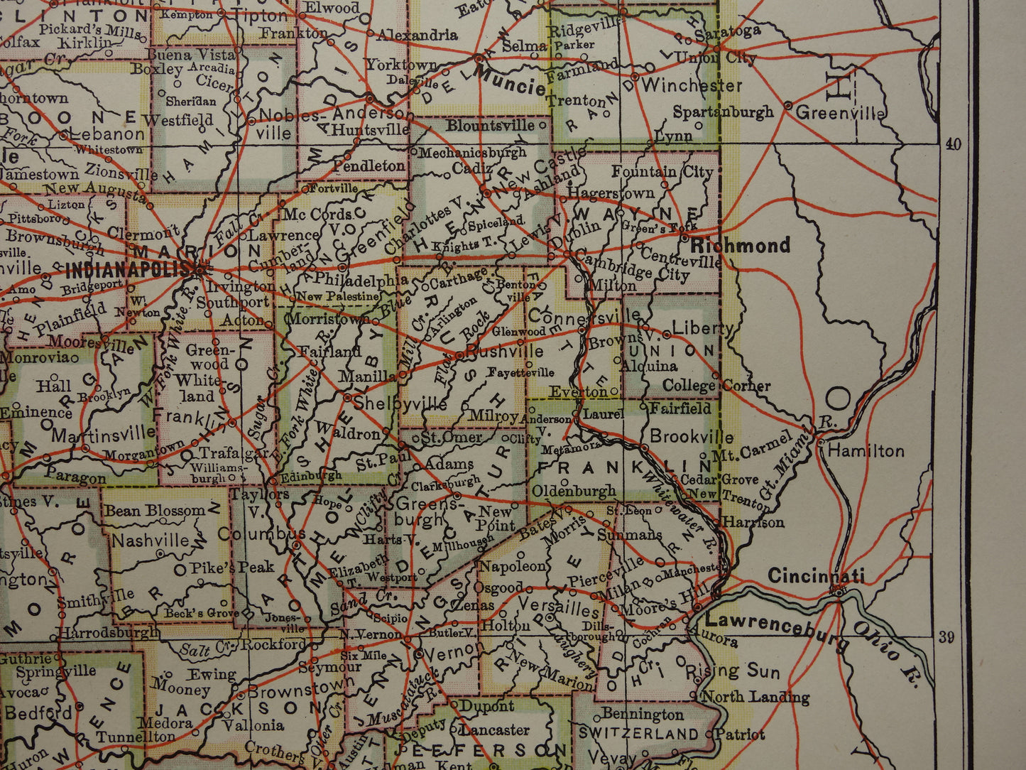 Antieke landkaart van Indiana Verenigde Staten uit 1881 originele oude kaart staat Indiana