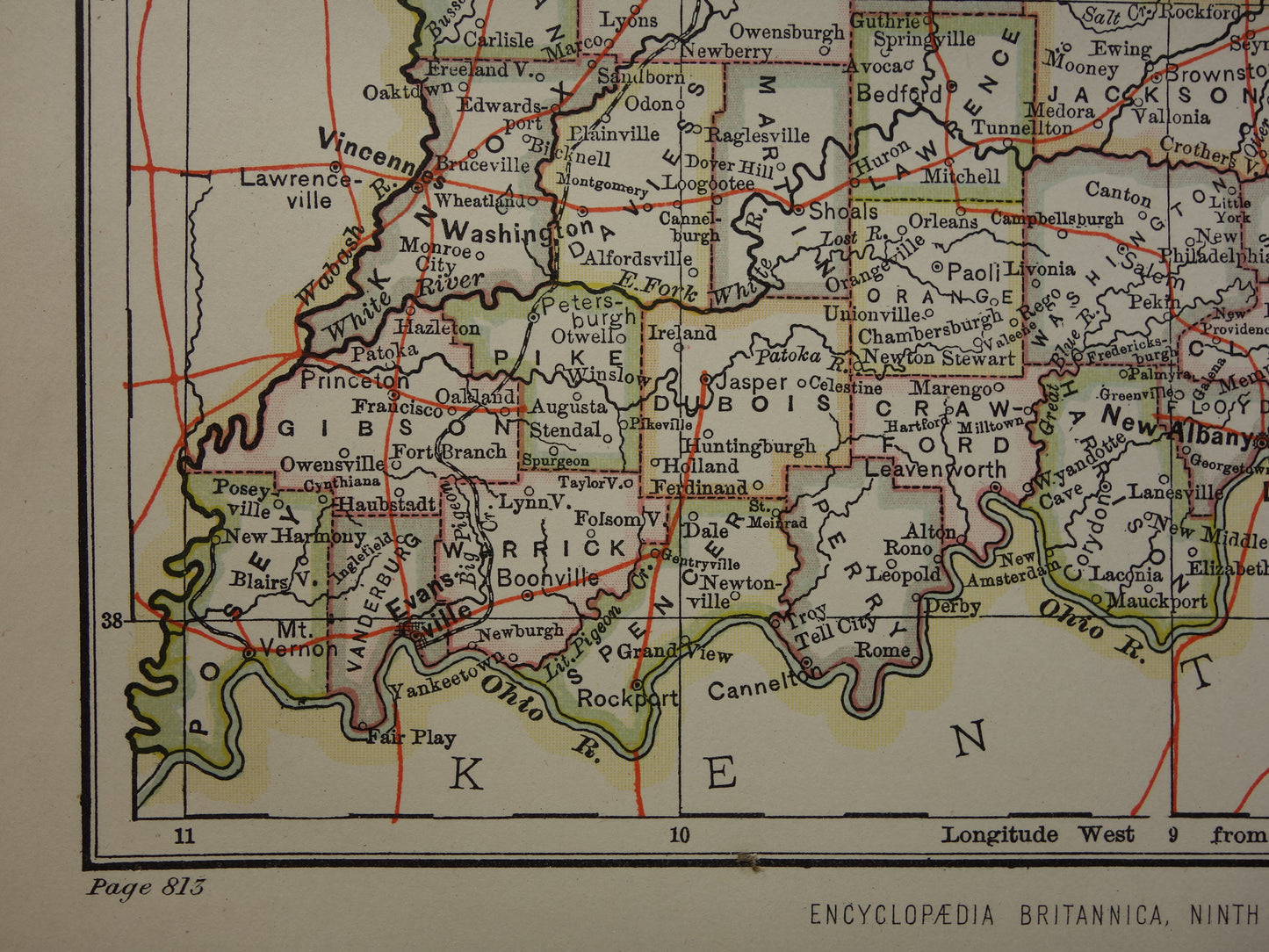 Antieke landkaart van Indiana Verenigde Staten uit 1881 originele oude kaart staat Indiana