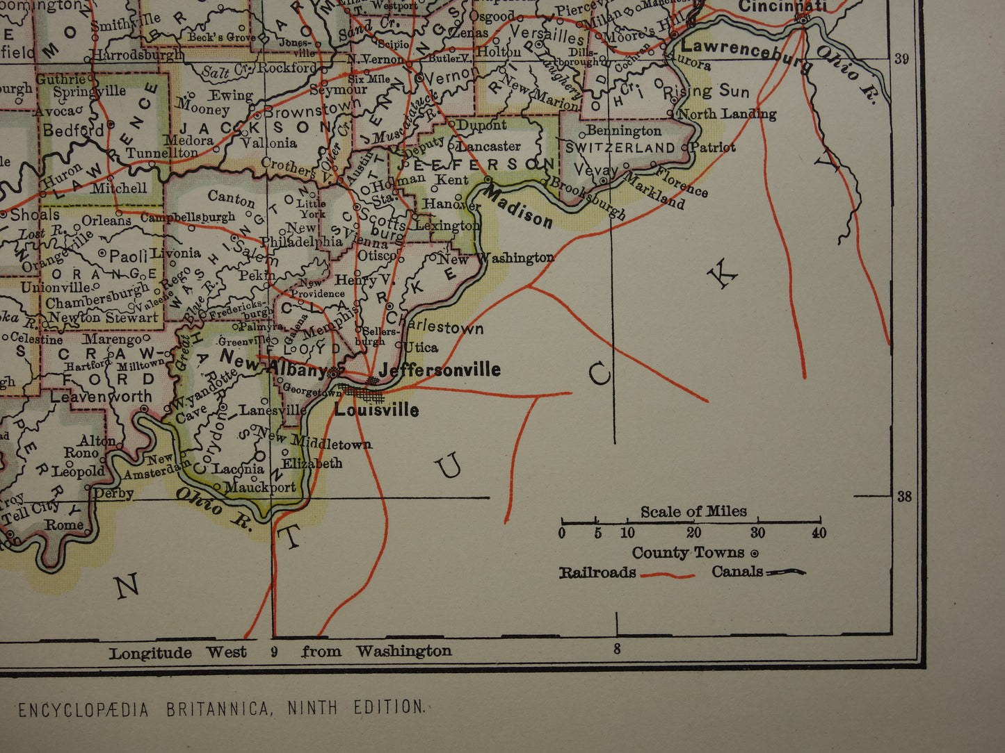 Antieke landkaart van Indiana Verenigde Staten uit 1881 originele oude kaart staat Indiana