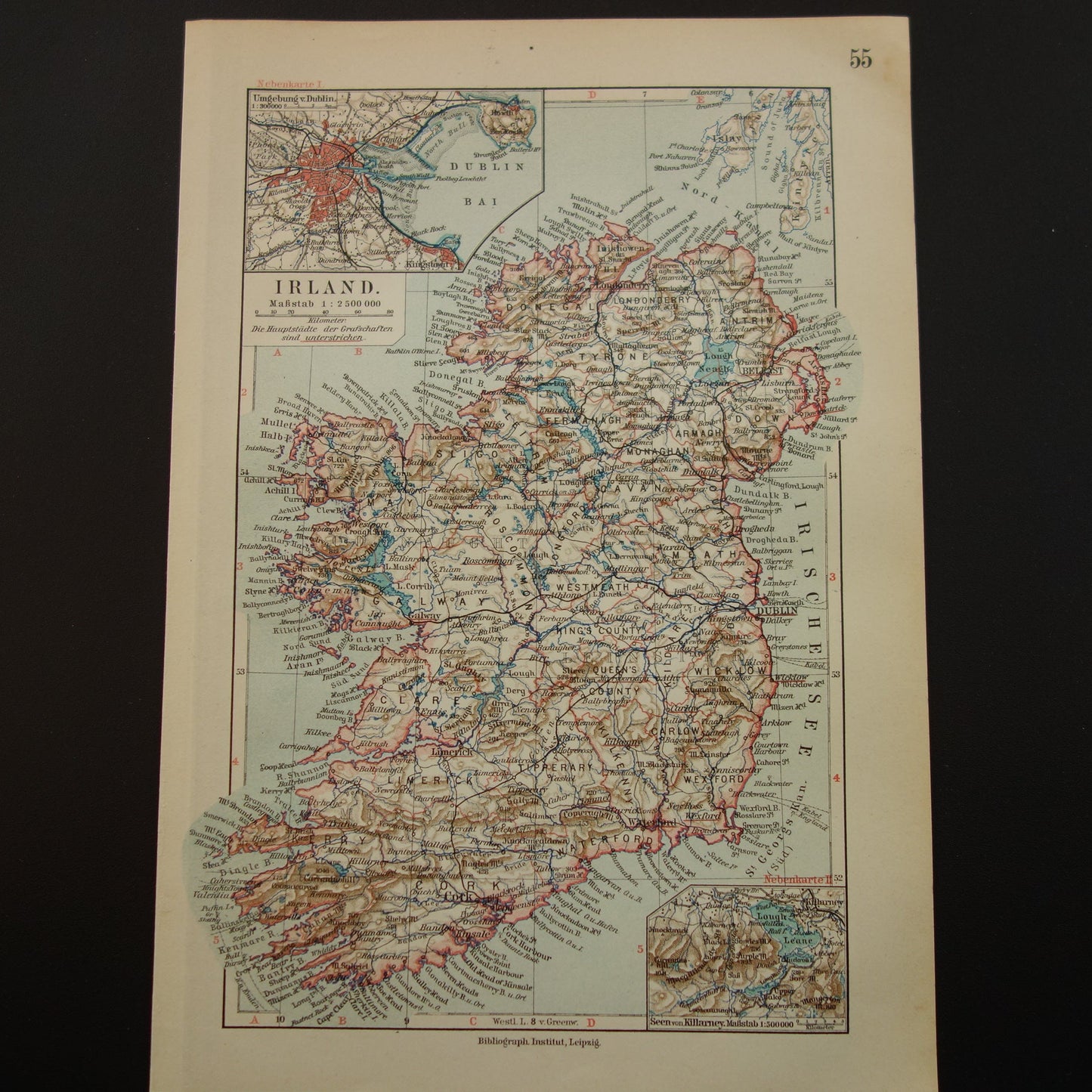 IERLAND oude kaart van Ierland 1913 originele antieke Duitse landkaart van Dublin Killarney