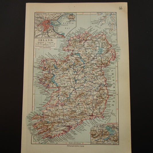 IERLAND oude kaart van Ierland 1913 originele antieke Duitse landkaart van Dublin Killarney