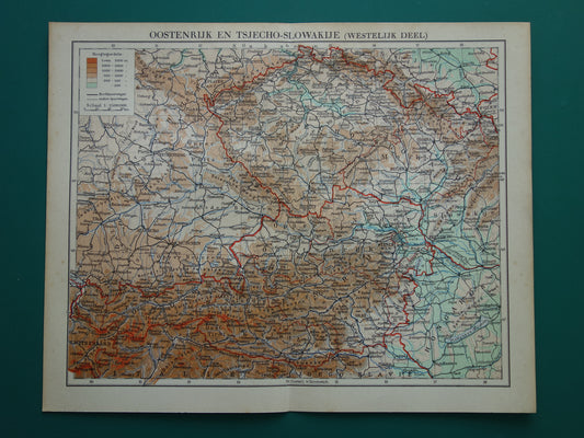 Oostenrijk en Tsjechië Oude kaart uit 1937 originele vintage Nederlanse landkaart hoogtekaart