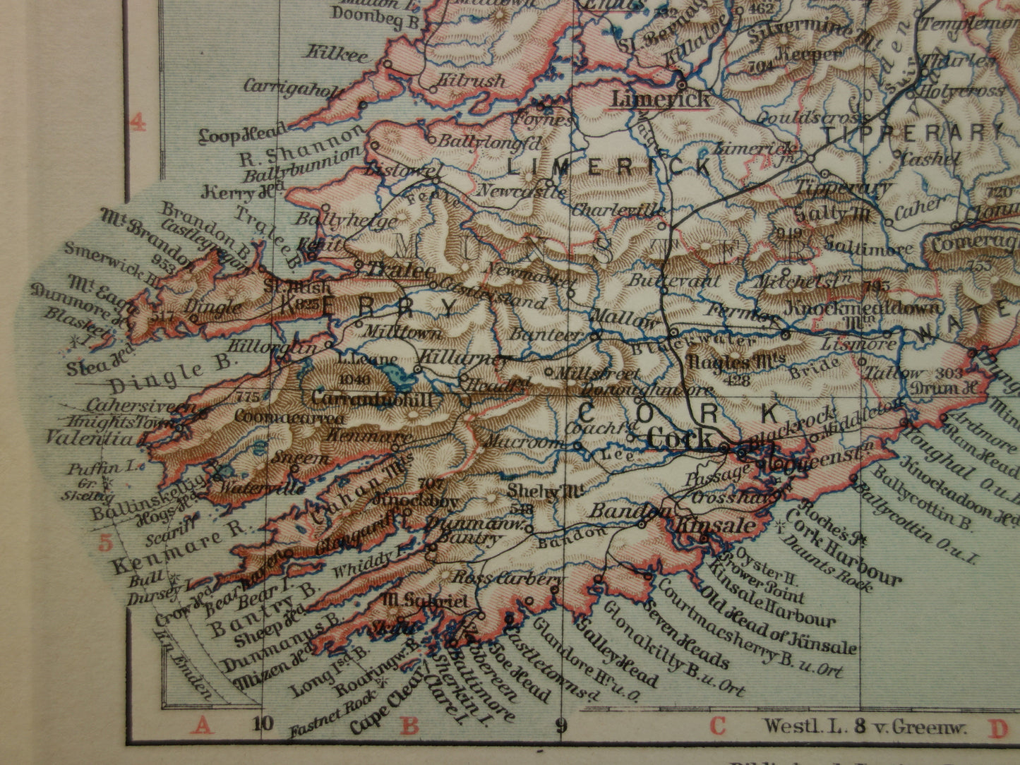 IERLAND oude kaart van Ierland 1913 originele antieke Duitse landkaart van Dublin Killarney
