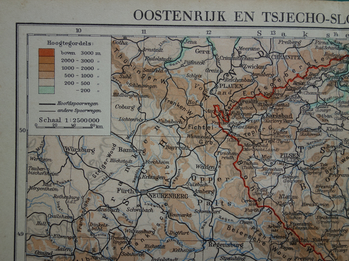 Oostenrijk en Tsjechië Oude kaart uit 1937 originele vintage Nederlanse landkaart hoogtekaart