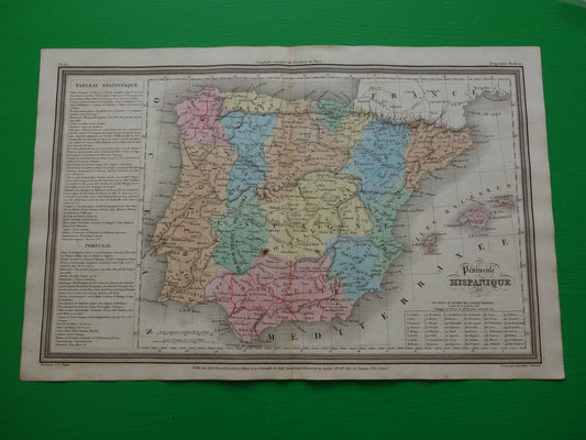 Oude kaart van Spanje en Portugal 180+ jaar oude Franse handgekleurde landkaart uit 1838