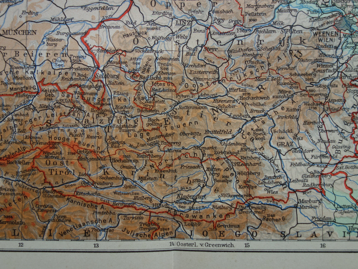 Oostenrijk en Tsjechië Oude kaart uit 1937 originele vintage Nederlanse landkaart hoogtekaart