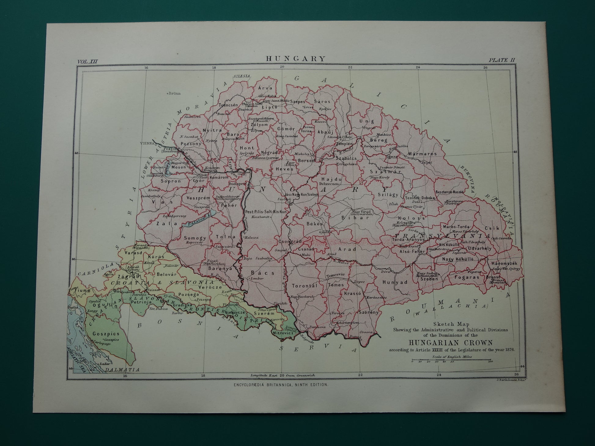 Hongarije oude kaart van Hongarije uit 1881 originele antieke Engelse landkaart