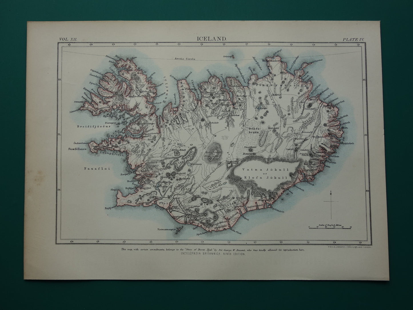 Antieke landkaart van Ijsland uit 1881 originele oude kaart Ijsland