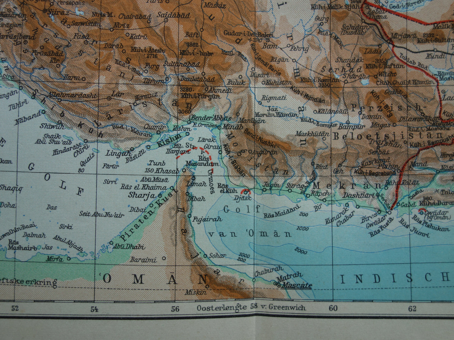 Oude landkaart van Perzië en Afghanistan 1937 originele Nederlandse vintage kaart van Iran Perziche Golf