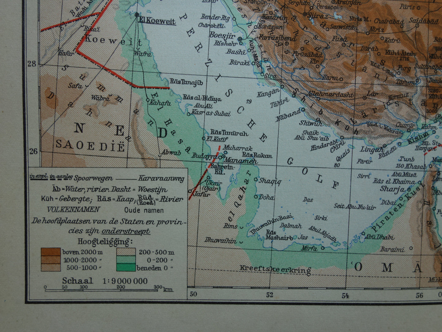 Oude landkaart van Perzië en Afghanistan 1937 originele Nederlandse vintage kaart van Iran Perziche Golf