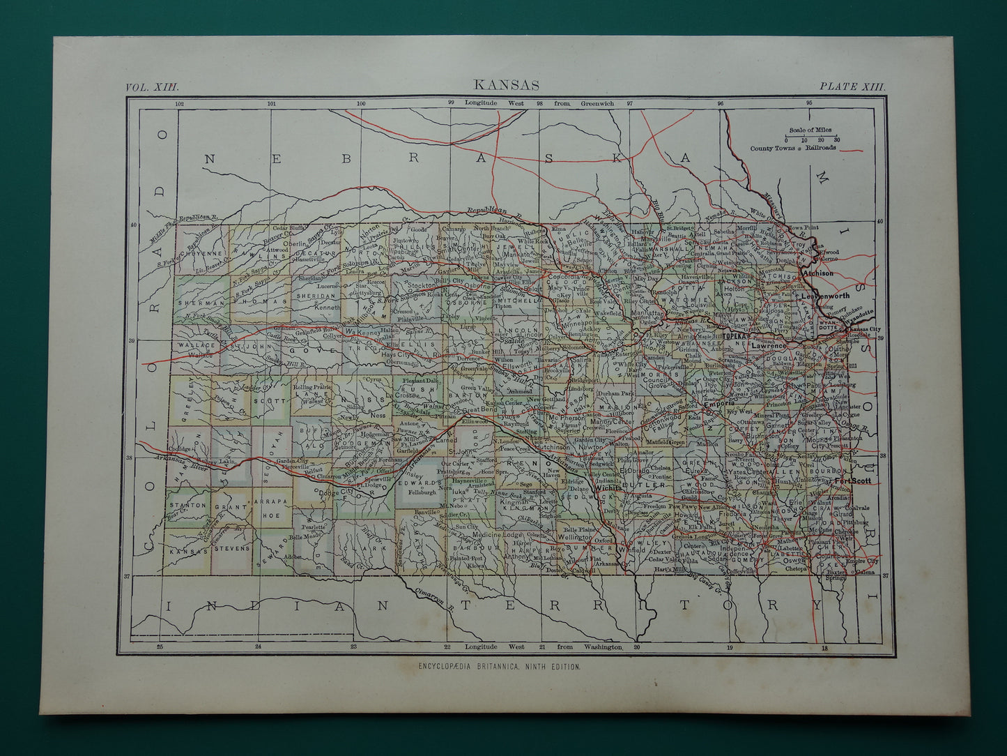 Oude kaart van Kansas Verenigde Staten uit 1880 originele antieke landkaart staat Kansas