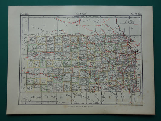 Oude kaart van Kansas Verenigde Staten uit 1880 originele antieke landkaart staat Kansas