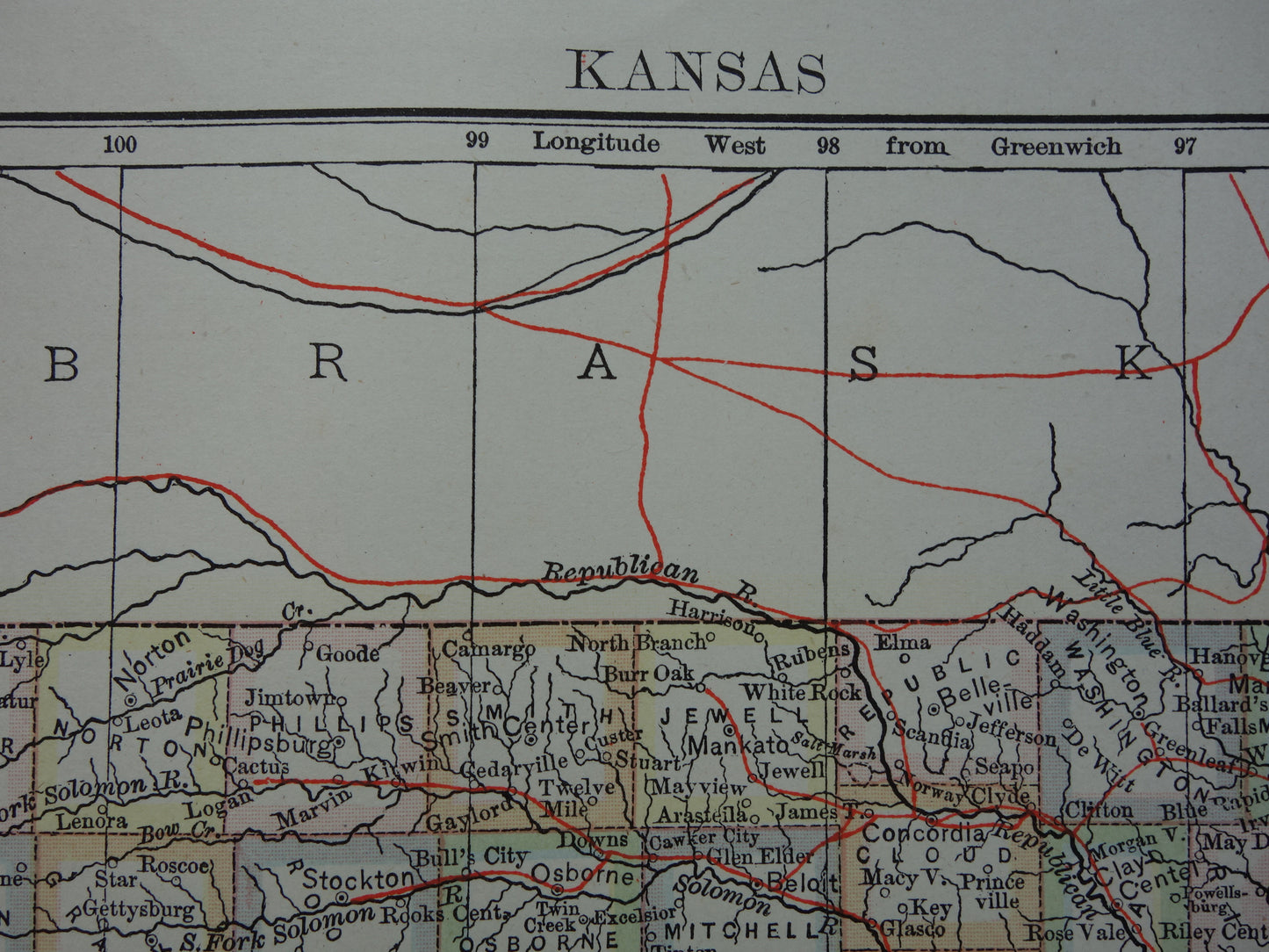 Oude kaart van Kansas Verenigde Staten uit 1880 originele antieke landkaart staat Kansas