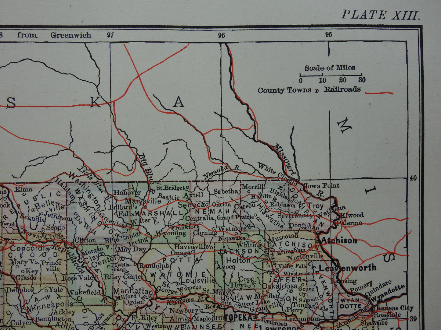 Oude kaart van Kansas Verenigde Staten uit 1880 originele antieke landkaart staat Kansas