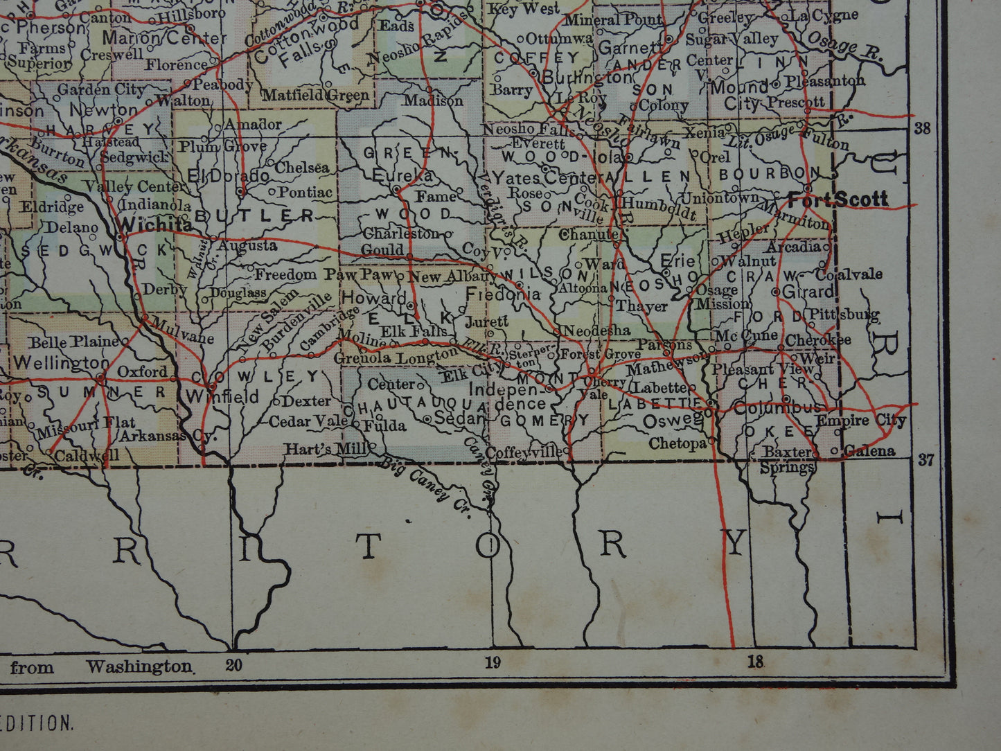 Oude kaart van Kansas Verenigde Staten uit 1880 originele antieke landkaart staat Kansas