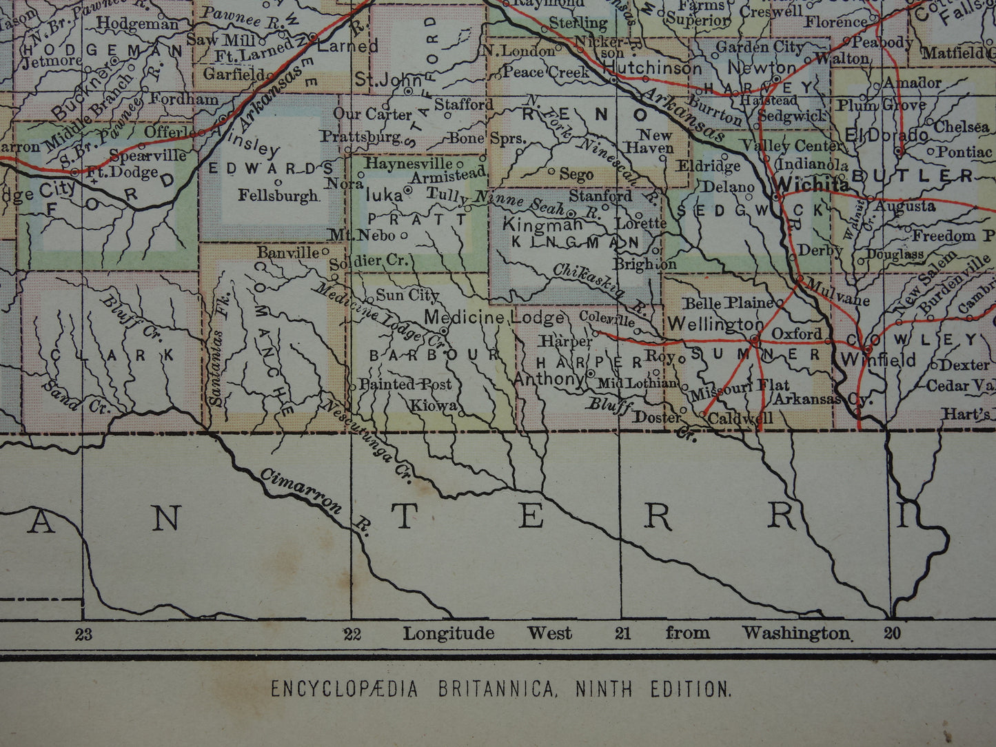 Oude kaart van Kansas Verenigde Staten uit 1880 originele antieke landkaart staat Kansas