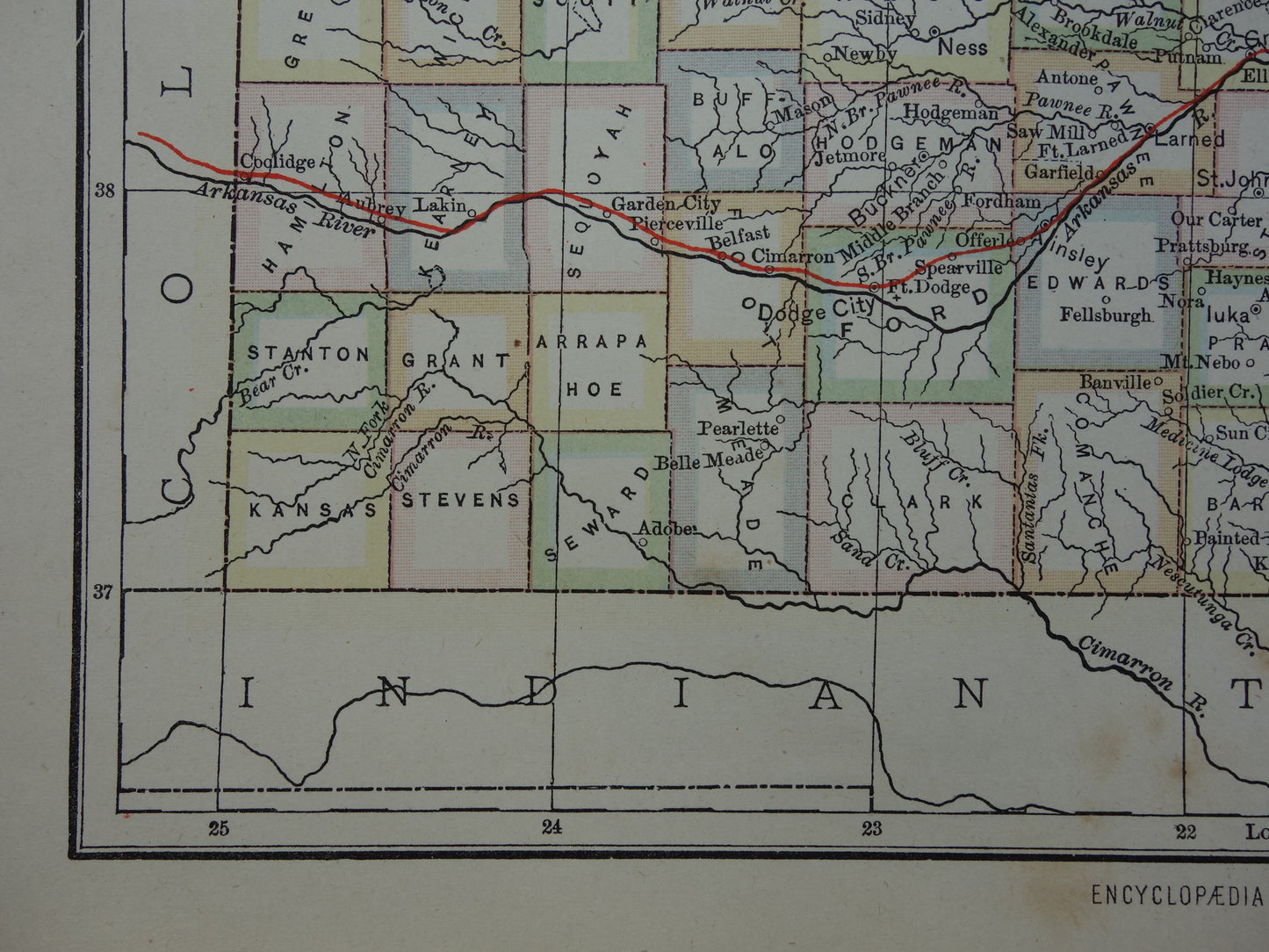 Oude kaart van Kansas Verenigde Staten uit 1880 originele antieke landkaart staat Kansas