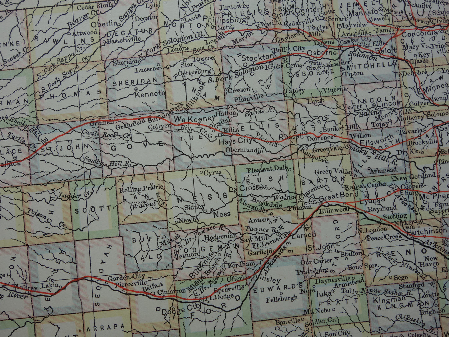 Oude kaart van Kansas Verenigde Staten uit 1880 originele antieke landkaart staat Kansas